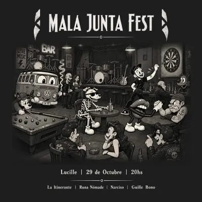 Afiche de Mala Junta Fest: Runa Nómade, Narciso, Guille Bono y La Itinerante