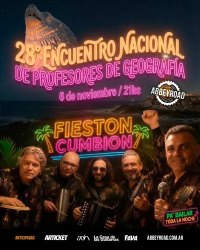 Afiche de 28.º Encuentro Nacional de Profesores de Geografía: Fiestón Cumbión